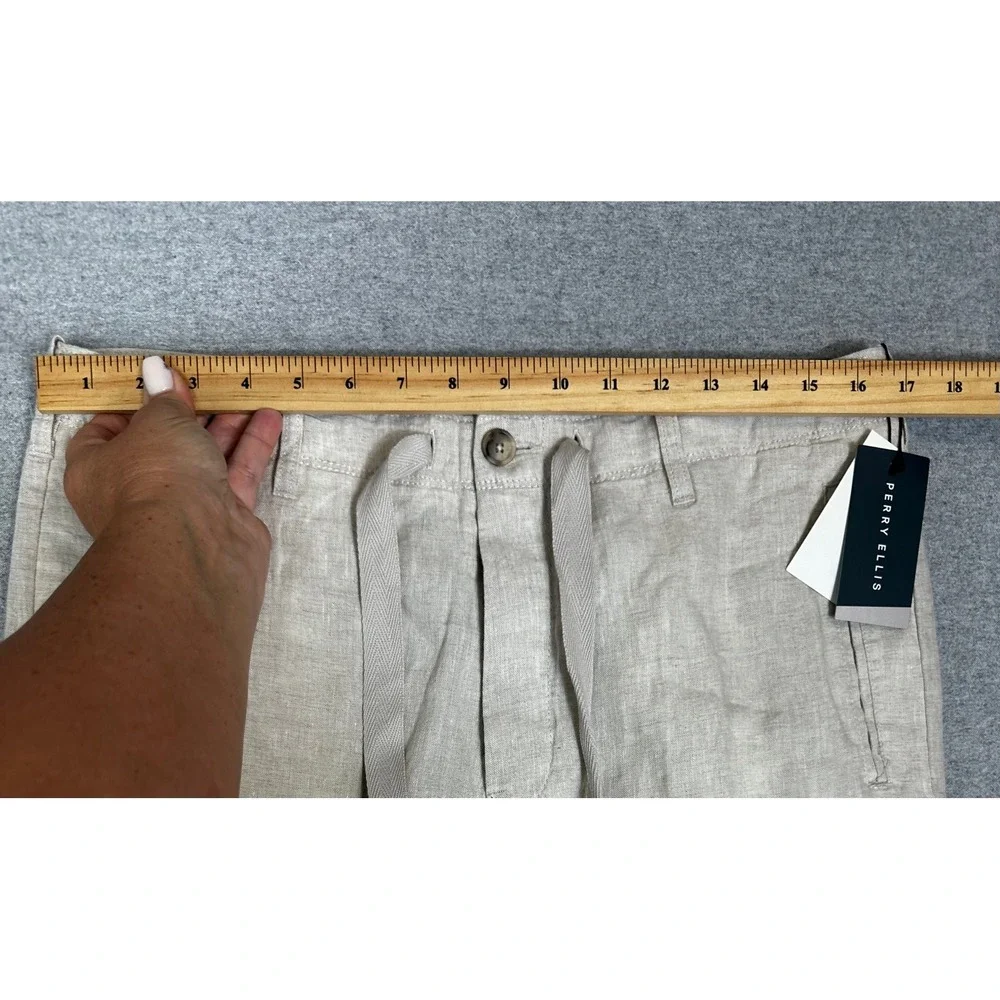 NWT Perry Ellis Linen Pants Mens 32x31 Beige Drawstring Straight Trousers